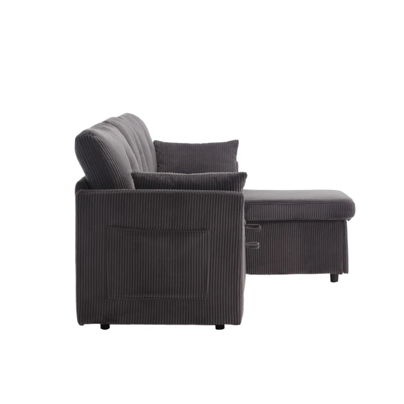 Stylish Sectional Sleeper Sofa with Reversible Storage Chaise, 3-In-1 L-Shaped Sofa with Corduroy Upholstery, 206L x 130W x 88H cm, Charcoal Grey