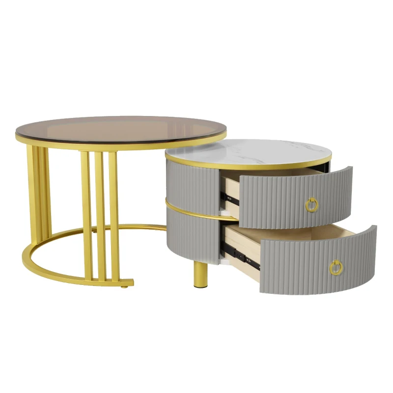 2-In-1 Round Coffee Table Set with High-Gloss Top and Tempered Glass, Space-Saving Center Table Set with 2 Drawers, 70L x 70W x 45H cm, Grey+Brown