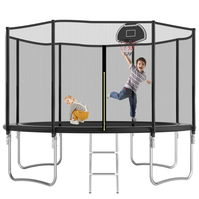 Outdoor Trampoline with Basketball Hoop and Safety Net, Heavy Duty Rebounder with Weatherproof Steel Frame, 366L x 366W x 76H cm, Black