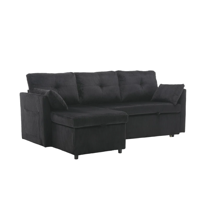 Stylish Sectional Sleeper Sofa with Reversible Storage Chaise, 3-In-1 L-Shaped Sofa with Corduroy Upholstery, 206L x 130W x 88H cm, Black