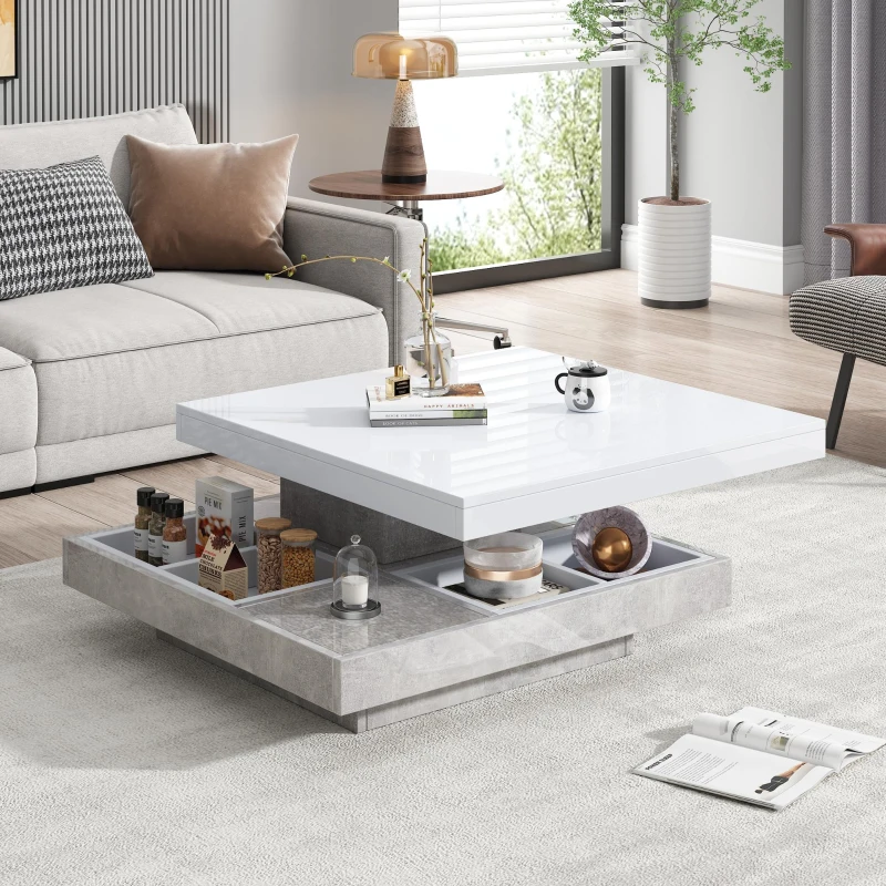 360° Rotating Square Coffee Table with Concealed Storage Compartments, White Center Table with Durable Construction, 70L x 70W x 36H cm, White