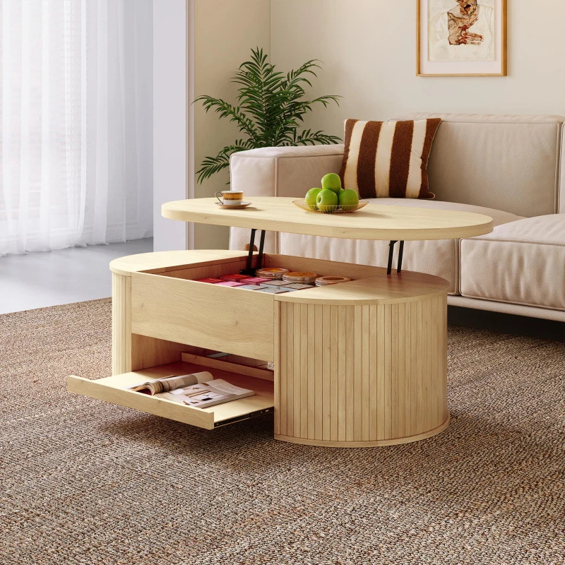 Lift-Top Coffee Table with Height-Adjustable Lift-Up Tabletop, Modern Center Table with Extendable Lower Shelf, 110L x 55.5W x 40H cm, Wood