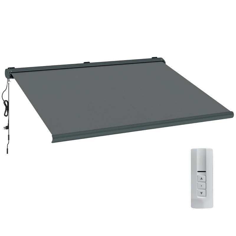 Outsunny 4 x 3(m) Full Cassette Electric Awning with Remote Controller, Aluminium Frame DIY Retractable Garden Awning, UPF50+ Sun Shade Canopy for Deck Door Window, Dark Grey