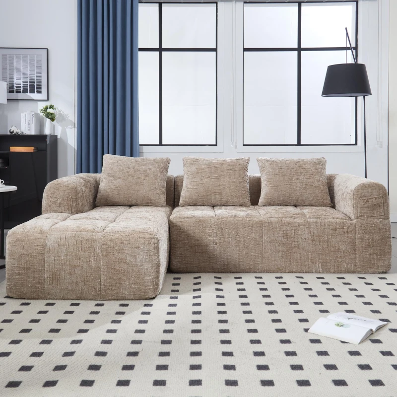 Oversized Modular L-Shaped Sofa with Deep-Seated Sleeper Design, Plush Sectional Sofa with Hidden Side Pockets, 250L x 158W x 60H cm, Khaki