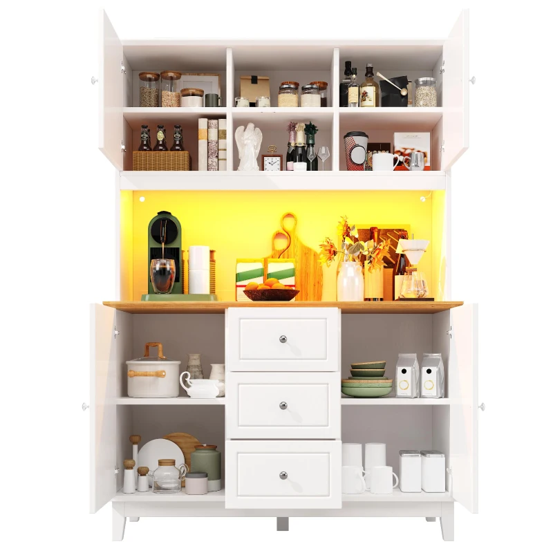 Smart Pantry Cabinet with App-Controlled LED Lights and Solid Pine Legs, Modern Kitchen Pantry with Spacious 3-Drawer Storage, 120L x 40W x 180H cm, White