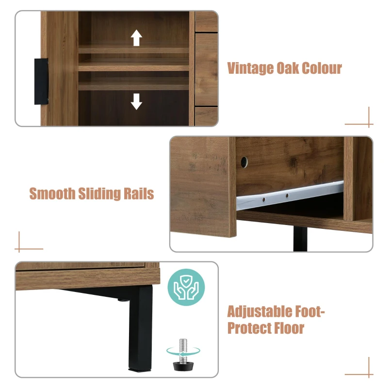 Modern Industrial Sideboard with Metal Frame and Adjustable Feet, Combo Buffet Cabinet with Height-Adjustable Shelf, 120L x 40W x 76H cm, Dark Oak