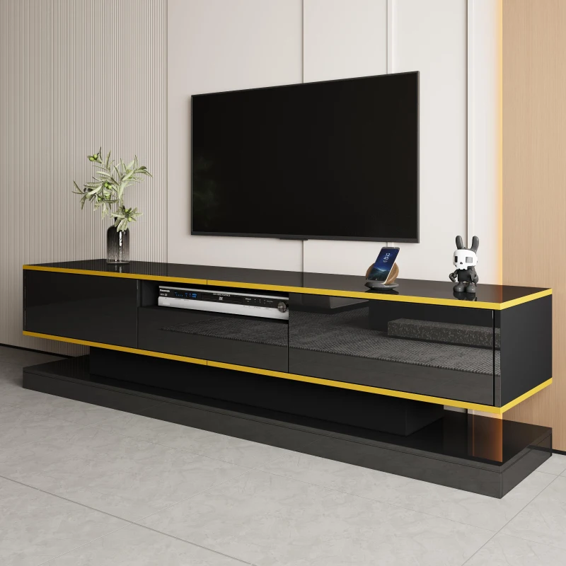 Modern TV Cabinet with 3 Drawers and Open Compartment, Contemporary TV Stand with Colour‑Changing LED Strip, 180L x 38W x 45H cm, Black