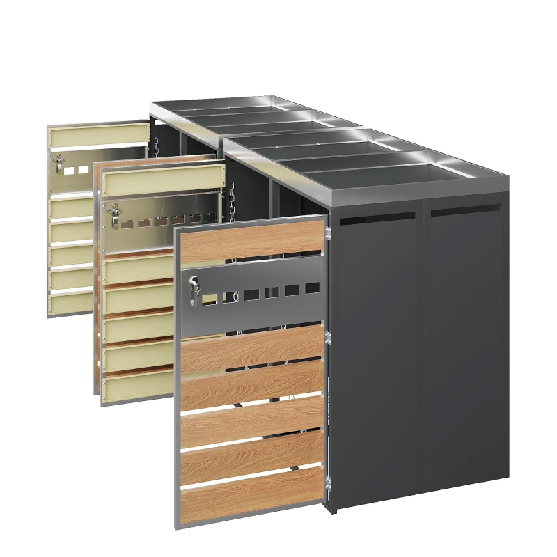 4-Compartment Outdoor Bin Enclosure with Integrated Planter, Planter-Top Quad Bin Storage with Lockable Doors, 264L x 80W x 124.5H cm, Grey+Wood