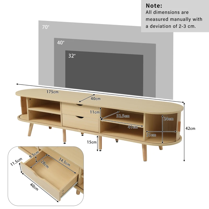 Minimalist TV Stand with Oval Top and Rounded Corners, Light Oak TV Cabinet with Solid Wood Legs, 175L x 40W x 40H cm, Oak