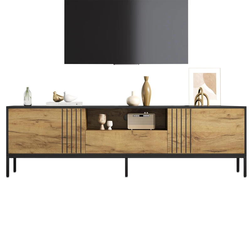 Low-Profile Nordic TV Cabinet with 2 cabinets and Open Shelves, Stylish TV Stand with Chipboard Construction, 170L x 35W x 50H cm, Natural