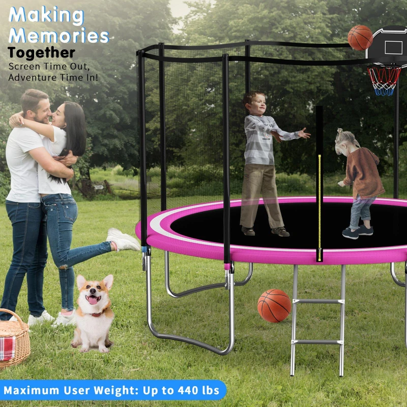 Outdoor Trampoline with Basketball Hoop and Safety Net, Heavy Duty Rebounder with Weatherproof Steel Frame, 366L x 366W x 76H cm, Pink