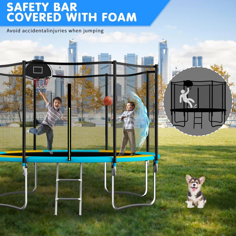 Outdoor Trampoline with Basketball Hoop and Safety Net, Heavy Duty Rebounder with Weatherproof Steel Frame, 366L x 366W x 76H cm, Blue