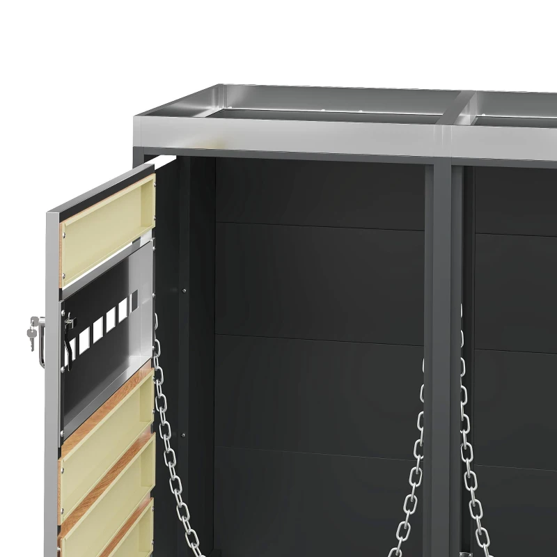 4-Compartment Outdoor Bin Enclosure with Integrated Planter, Planter-Top Quad Bin Storage with Lockable Doors, 264L x 80W x 124.5H cm, Grey+Wood