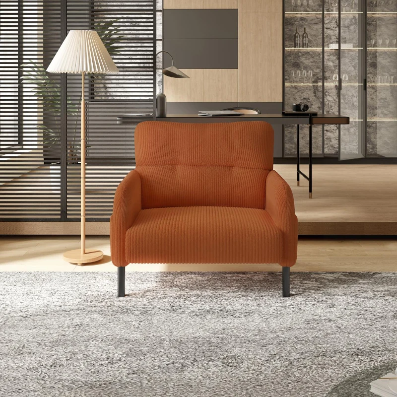 Corduroy Single-Seater Armchair with High-Density Foam Cushion, Ergonomic Wide Seat with Double Side Storage Pockets, 67L x 75W x 79H cm, Orange