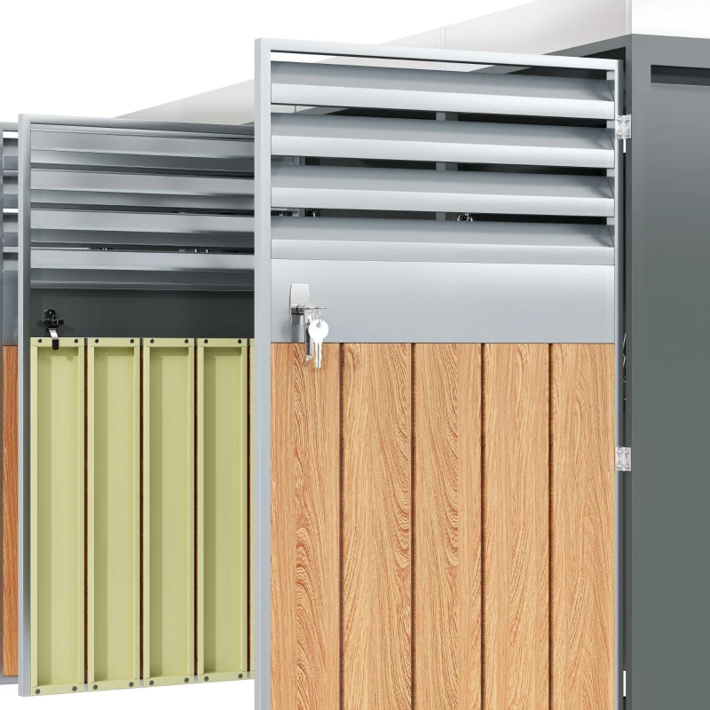 Lockable Bin Storage Unit with Integrated Planter, Lockable Trash Can Shed with Corrosion-Resistant Frame, 264L x 80W x 124.5H cm, Grey+Wood
