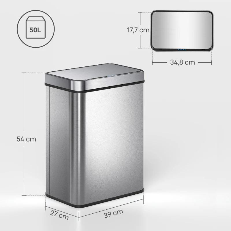 HOMCOM Poubelle à capteur 50 L avec couvercle à fermeture douce, poubelle de cuisine automatique en acier inoxydable, argenté