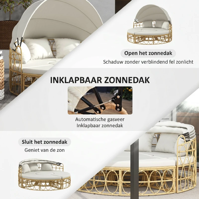 Outsunny Loungeset met uitschuifbaar dak, 4-delig, inclusief 5 kussens, rattanlook, 178B x 85T x 66,5H cm, beige