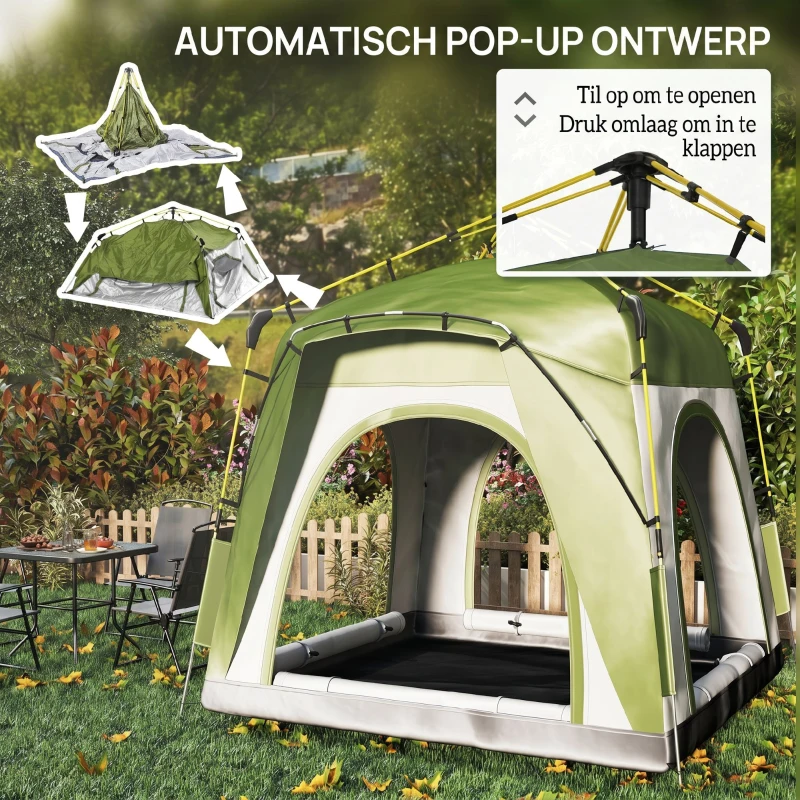 Outsunny 4 Persoons Koepeltent, Grote Familie Koepeltent voor Campen, Ruime 195x240x240cm, Groente(m-4)