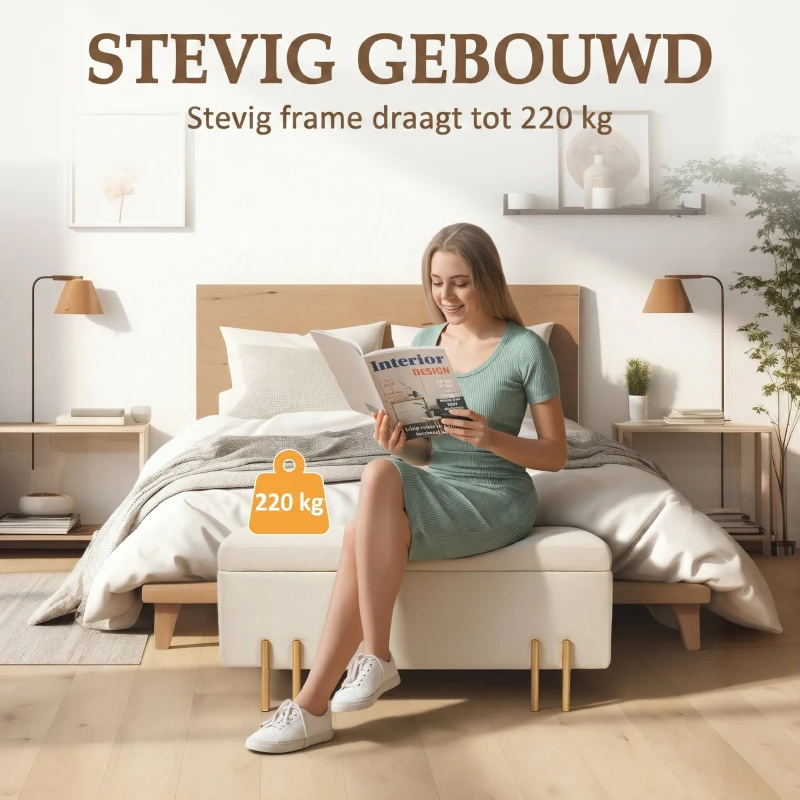 HOMCOM Gestoffeerde bank met Opbergruimte, Kistbank, Schuim, Metaal, Rubberhout, 100 x 40 x 42 cm, Beige(m-7)