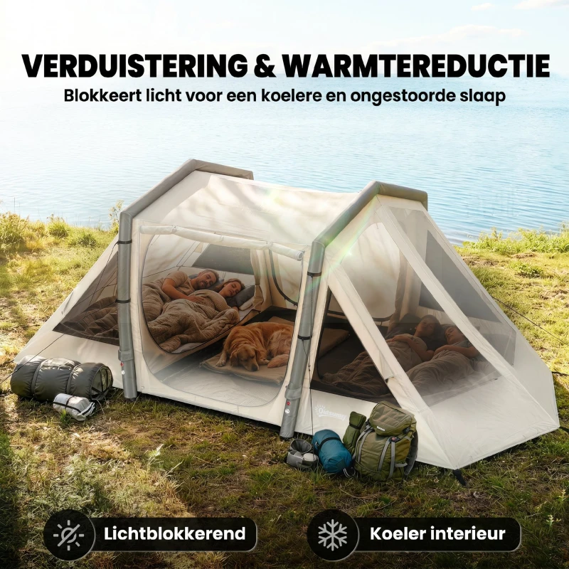 Outsunny Opblaasbare Tent 6 Personen Snelle Opbouw Outdoor Tent voor Kamperen met 2 Slaapkamers Veranda Ramen