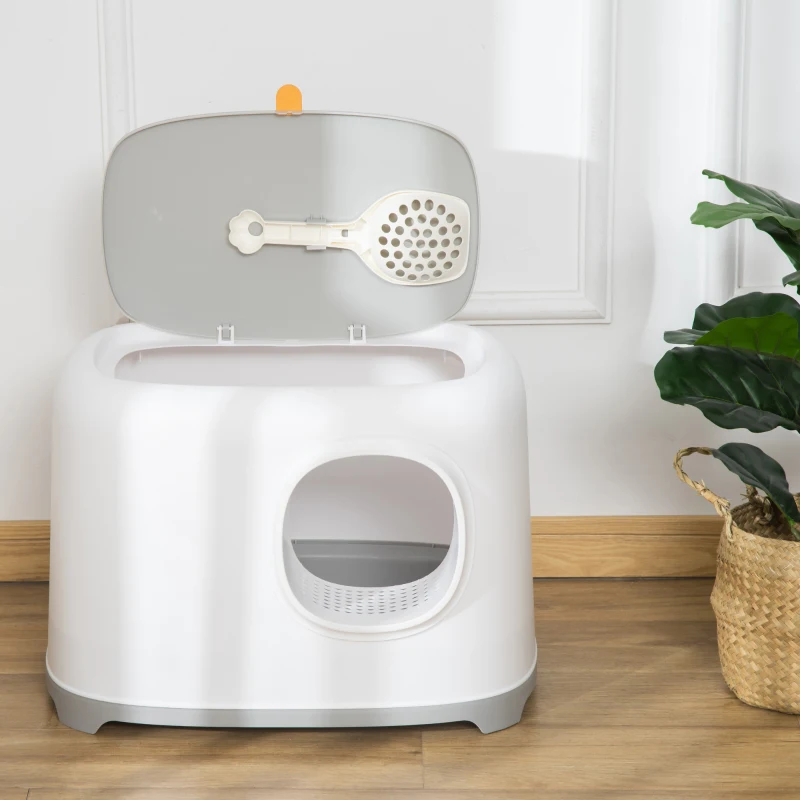 PawHut Katzenklo mit Deckel Katzentoilette mit Haube Schaufel Gitterboden XXL Katzentoilette für Katzen bis 5 kg 55 x 40 x 39 cm Weiß
