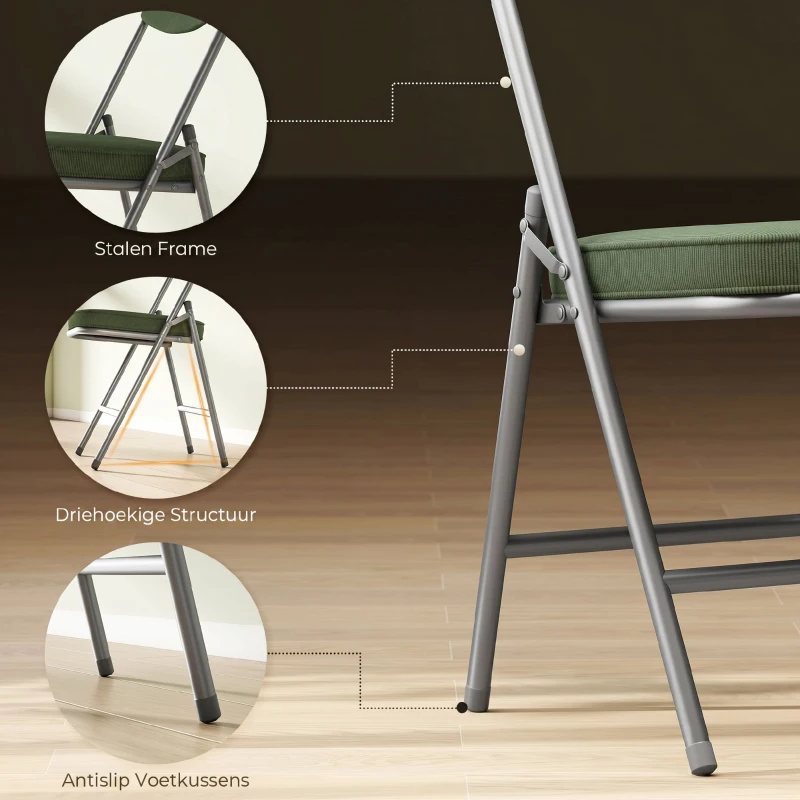 HOMCOM Set van 4 gepolsterde klapstoelen, opvouwbare stoelen met ribfluweelbekleding, rugleuning, metalen frame, groen