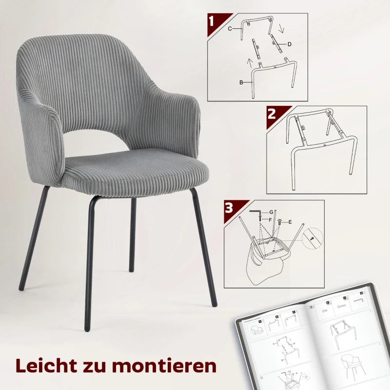 HOMCOM Esszimmerstuhl, Cordbezug, Schalenform, Metallbeine, Fußpolster, Grau