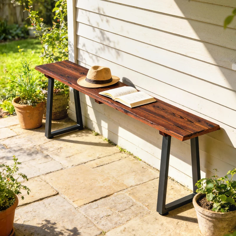 Outsunny Banc de Jardin en Bois Sans Dossier en Bois, Pieds trapézoïdaux en acier, 2 Places à Effet Bois, 150x28x48cm, Carbonisé