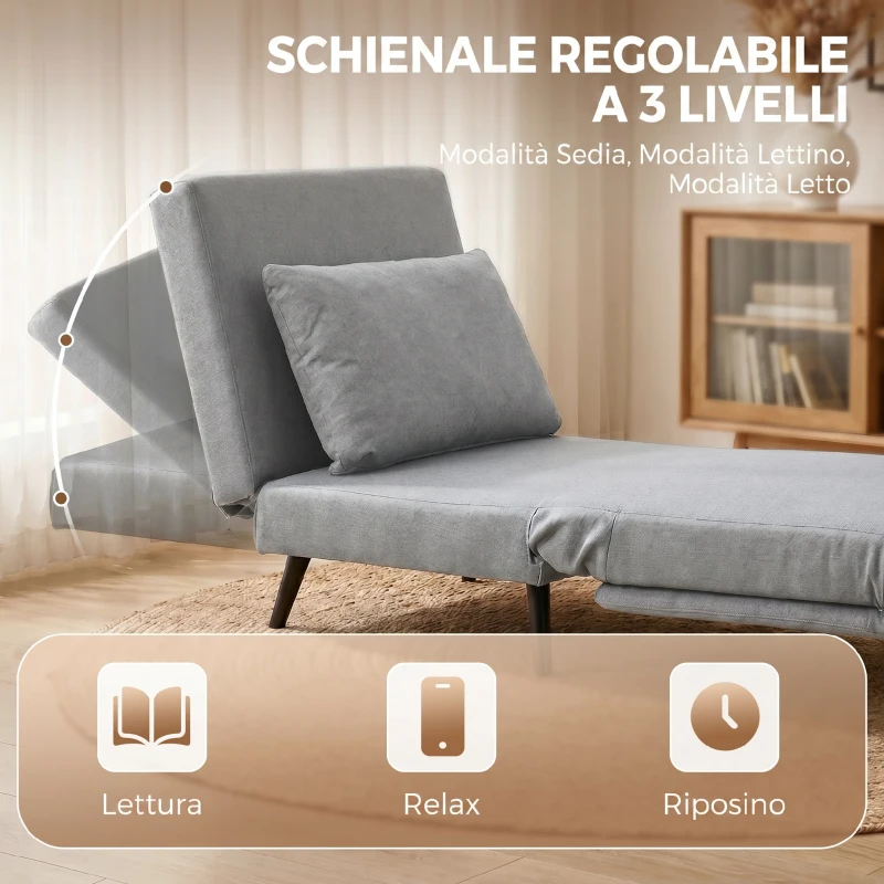 HOMCOM Poltrona Letto con Schienale Regolabile 3 Posizioni e Cuscino Sfoderabile, Tessuto Effetto Lino, Grigio Chiaro
