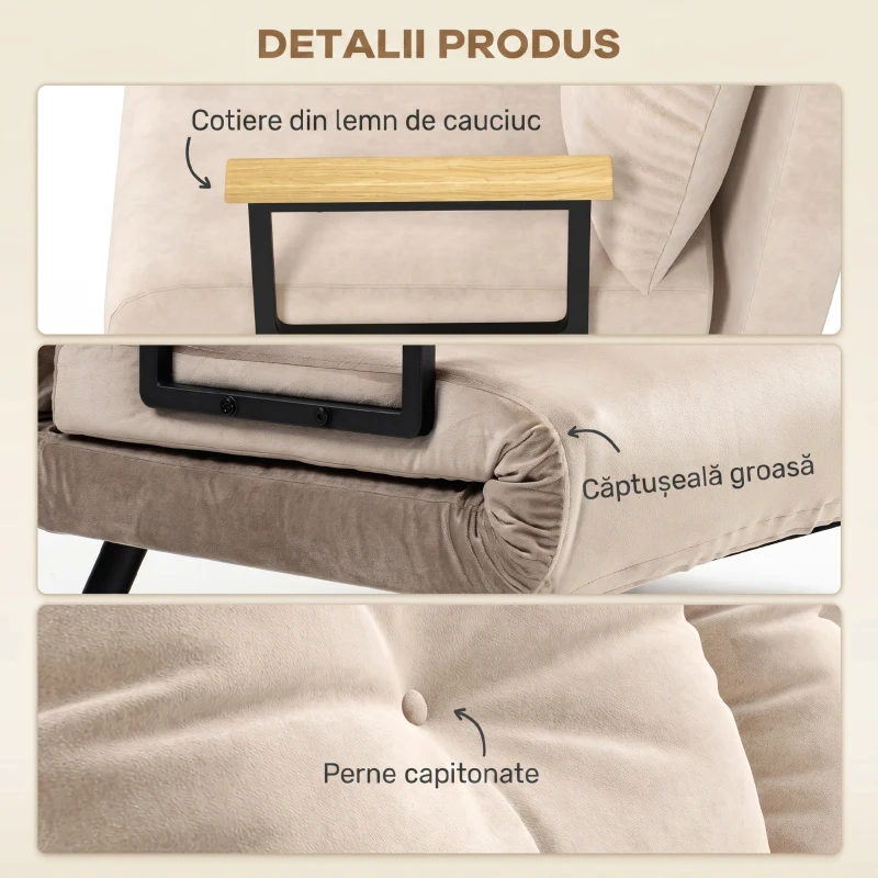 HOMCOM, Canapea Extensibilă 3 în 1, Cu Spătar Reglabil, Material tip catifea, 102x73x81 cm, Bej