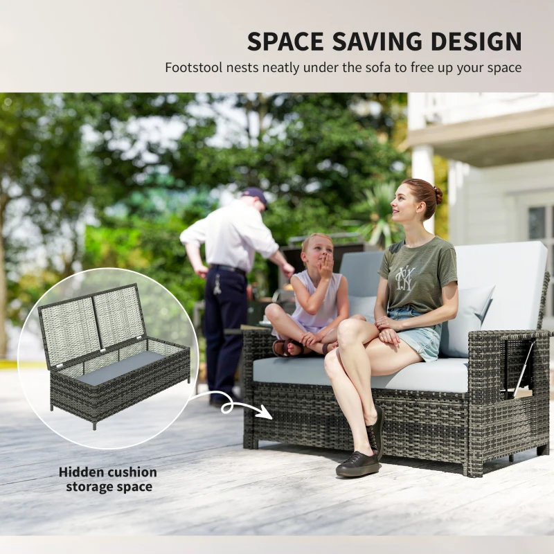 Outsunny Gartensofa mit Liegefunktion, ausfahrbare Fußbank mit Stauraum, Sitzkissen, grau, 130 x 72 x 96 cm