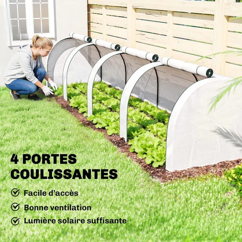 Outsunny Mini serre de jardin serre à tomates 4 x 1 x 0,80 m acier PE anti-UV 4 portes avec zip enroulables blanc