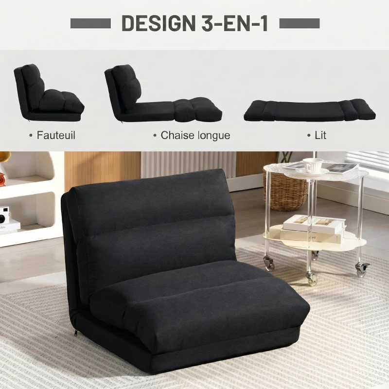 HOMCOM Fauteuil de sol canapé paresseux fauteuil convertible en lit inclinable 90° à 180° tissu - 70 x 72 x 56 cm - noir