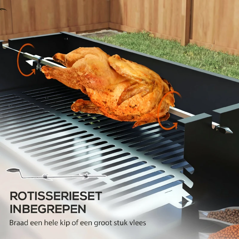 Outsunny Houtskoolgrill BBQ-Grill, verstelbaar rooster, 1 draaispies, 118 x 32 x 90 cm, Zwart + Zilver