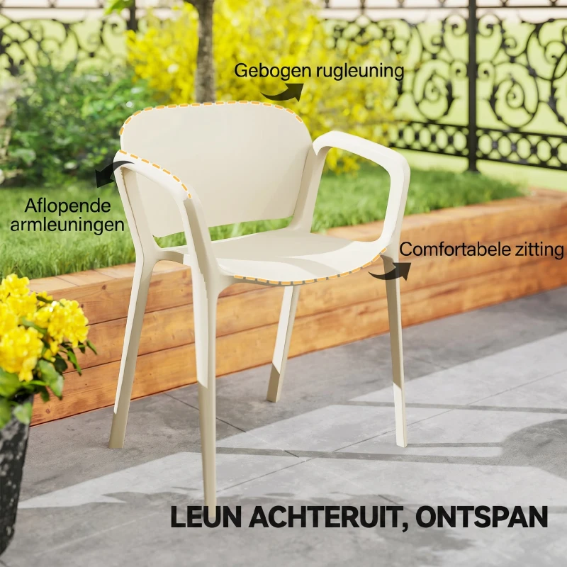Outsunny Set van 4 Weerbestendige Tuinstoelen uit Kunststof, Stapelstoel met Arm- en Rugleuning tot 120 kg Belastbaar