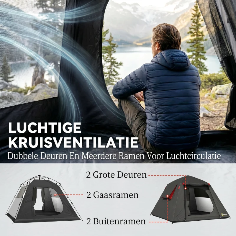 Outsunny Kampeertent 2 Personen 3000mm Waterdicht & Winddicht Koepeltent met 2 Deuren 2 Gaasramen 2 Zijramen Draagtas