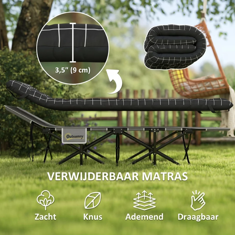 Outsunny Opvouwbaar Campingbed, Veldbed met Matras, Ergonomisch, Metalen Frame, Zwart