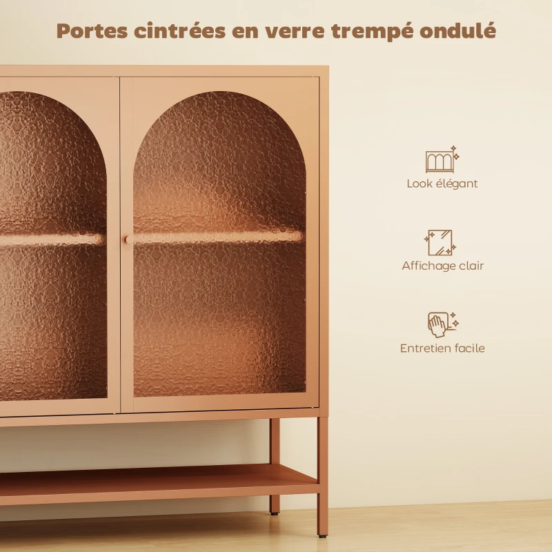 HOMCOM Buffet salon, meuble de rangement avec 3 portes vitrées cintrées et étagère ouverte, 140 x 40 x 105 cm, rouille