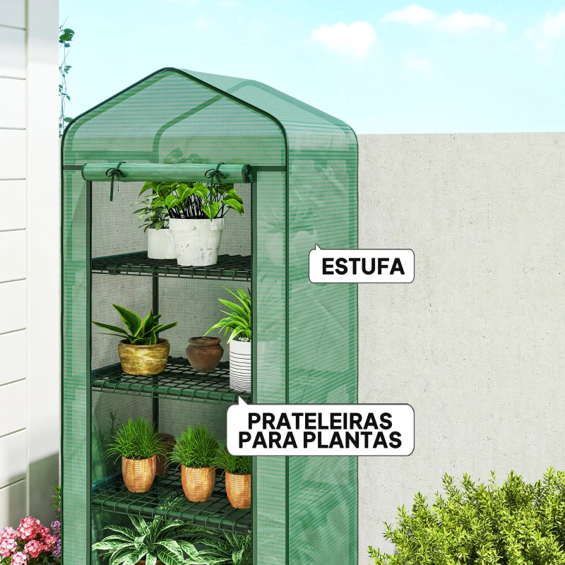 Outsunny Estufa de Exterior com 4 Prateleiras e Rodas Porta Enrolável Estrutura em Aço e Cobertura de PE 140g/㎡ Anti-UV 69x50x165 cm Verde