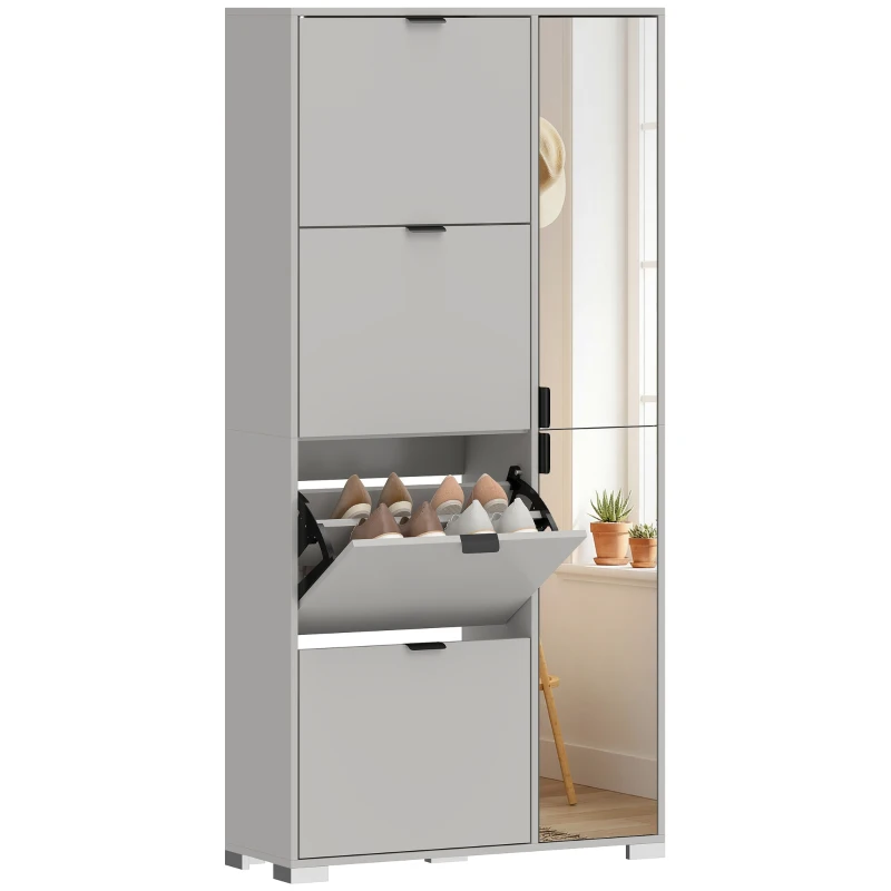 HOMCOM Scarpiera con Specchio, 4 Cassetti Ribalta, Scarpiera Ingresso, Grigio