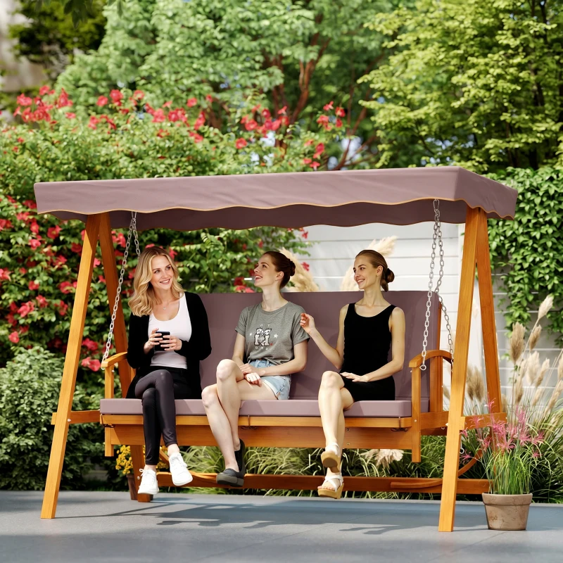 Outsunny Hollywoodschaukel mit Sonnendach, Echtholz-Gartenschaukel, Schaukelbank mit Liege-Funktion, für 3 Personen, Braun(m-8)