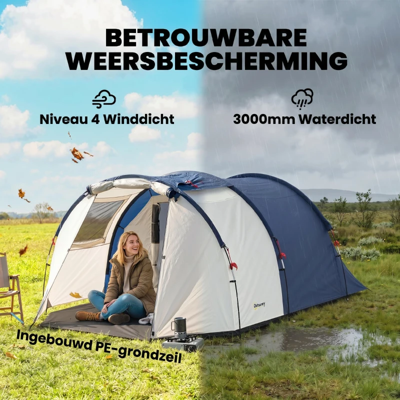 Outsunny Tunneltent 4 personen familietent met slaap- en woongedeelte, ramen, grondzeil, stahoogte, 3000 mm waterkolom