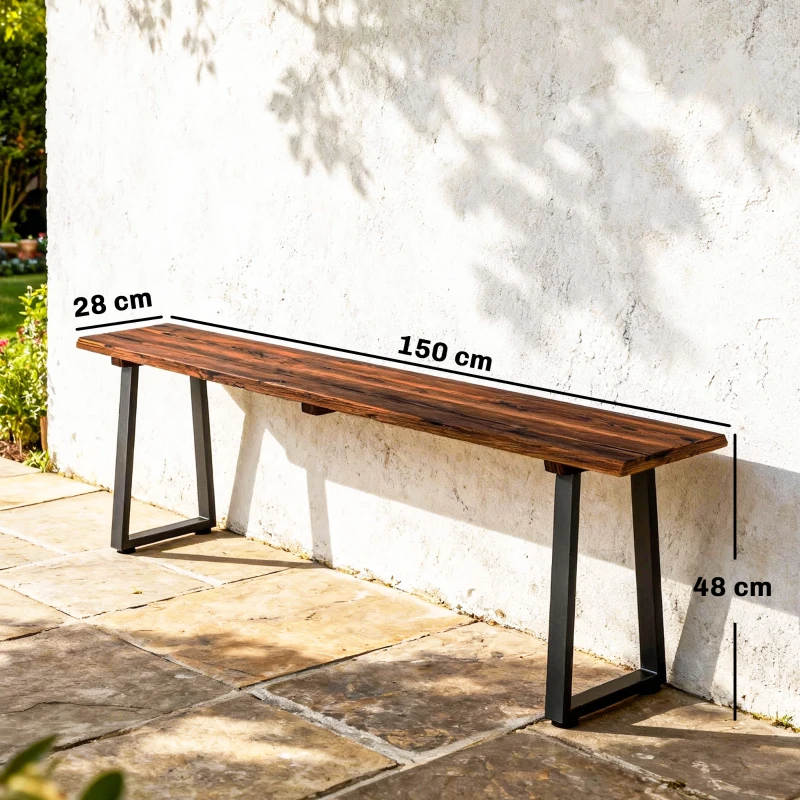 Outsunny Banc de Jardin en Bois Sans Dossier en Bois, Pieds trapézoïdaux en acier, 2 Places à Effet Bois, 150x28x48cm, Carbonisé