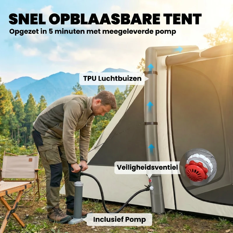 Outsunny Opblaasbare Tent 6 Personen Snelle Opbouw Outdoor Tent voor Kamperen met 2 Slaapkamers Veranda Ramen