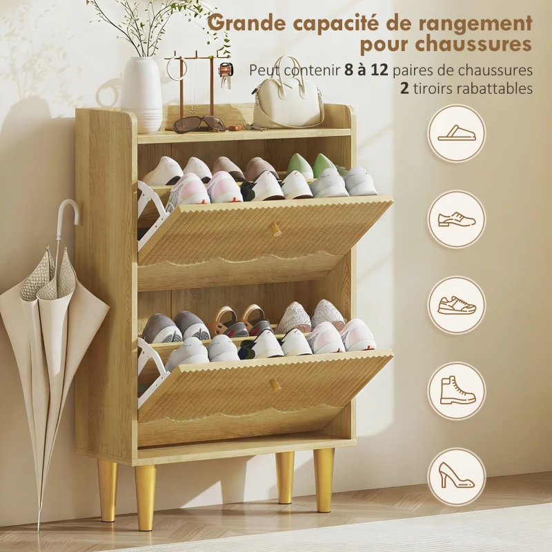 HOMCOM Meuble à chaussures 12 paires, armoire à chaussures étroite, 2 tiroirs rabattables étagères réglables, 60x24x92cm, chêne