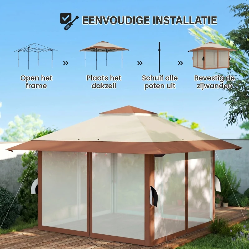Outsunny 4 x 4 m Tuin Paviljoen, Tuinent met Netwanden, UPF50+ Bescherming, Hoogteverstelbare Partytent, Beige