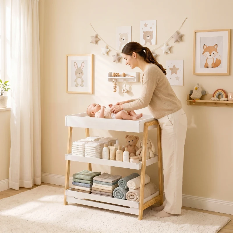 AIYAPLAY Baby Changing Table with 2 Storage Shelves, Nursery Diaper Changing Unit with Waterproof Changing Mat, White