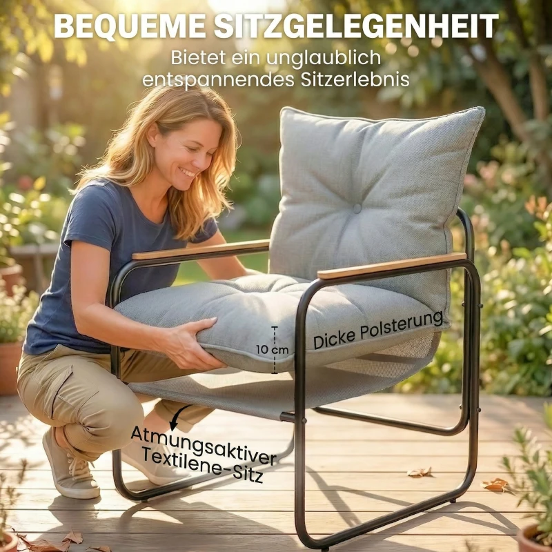 Outsunny 3-teiliges Garten Bistro Set Bistrotisch mit 2 Stühlen Glastisch Netz-Sitz dicken Kissen Holzoptik, Atmungsaktiv