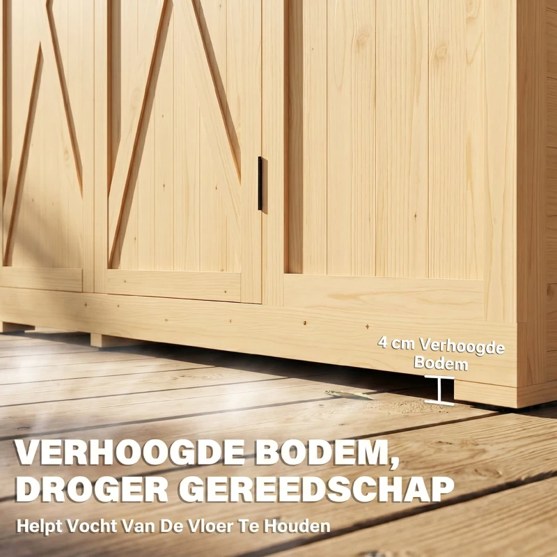 Outsunny Houten Tuinschuur Inloop Gereedschapsschuur met Planken Acrylramen Dubbele Deur Asfalt Dak Lamellenventilatie Bodemplaat