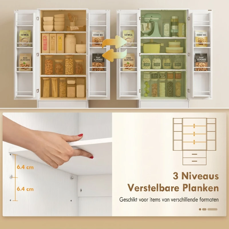 HOMCOM 159 cm keukenkast, verstelbare planken, 2 lades, voor keuken, eetkamer, spaanplaat, MDF, wit(m-5)